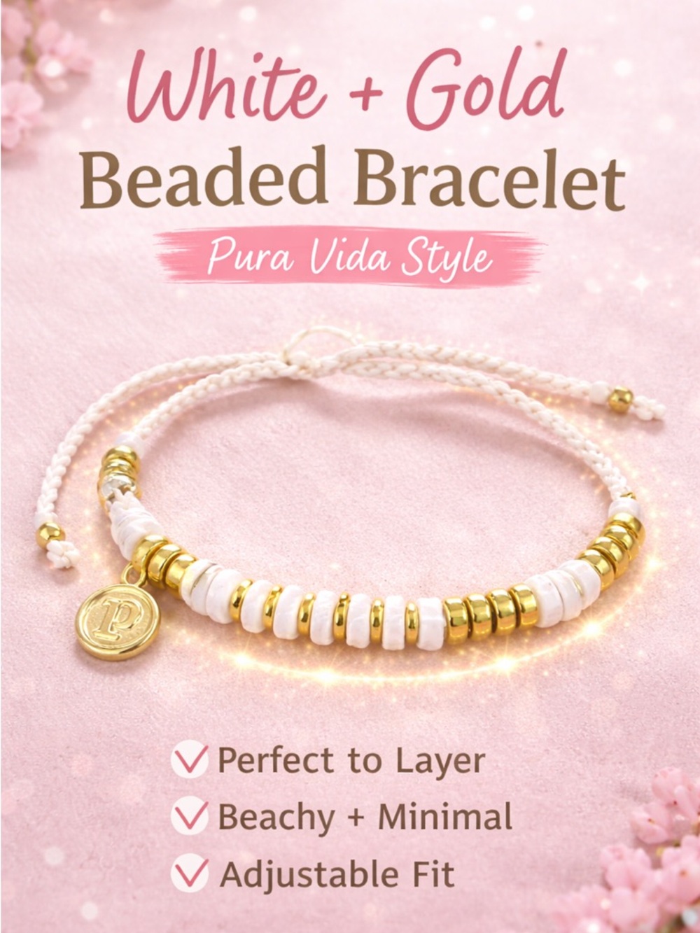 Pura Vida White & Gold Beaded Bracelet 🤍 Adjustable Minimal Stackable